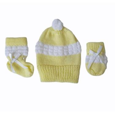 Imagem de Kit de bebê recém nascido tricô 3 peças de lã touca, luvinha e sapatin