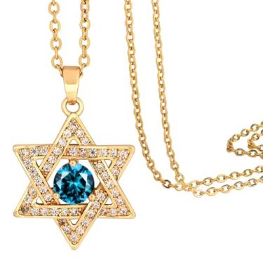 Imagem de Lagava Colar Estrela de Davi: Colar delicado com pingente de pedra do mês de nascimento pequeno | Colar de estrela judaica, joia minúscula de ouro 14K presente para mulheres, Small, Latão, Zircão