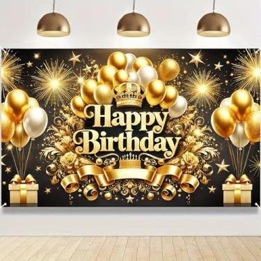Imagem de BlissYard Banner de fundo de feliz aniversário, 188 x 109 cm, faixa preta e dourada, coroa de balões de estrelas, fundo para fotografia de homens, mulheres, decoração de festa de aniversário para