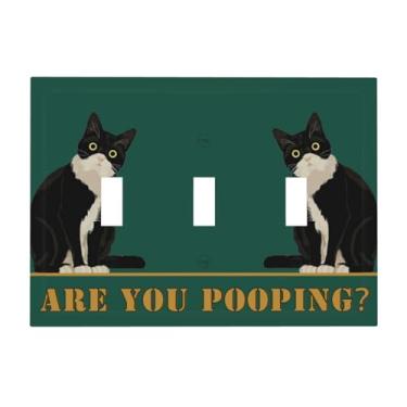 Imagem de Spshian Fun Black Cat Are You Pooping Triple Toggle Light Switch Covers Decorativas 3 Gangs Placas de Parede Gato Fofo 3 Orifícios Dispositivo Elétrico Placa Frontal Dimmer para Decoração de Banheiro