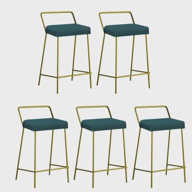 Imagem de Kit 05 Banqueta Alta Com Encosto Donna Industrial Cozinha Bistrô Ferro Dourado Suede Azul Turquesa - Ahz Móveis