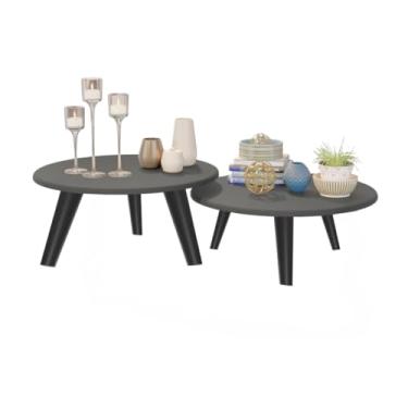 Imagem de Kit 2 Mesas De Centro Com Pés PVC Plástico Redonda Para Sala De Estar Decorativa Modernic(Cinza/Preto)