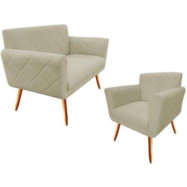 Imagem de Kit Namoradeira + 1 Poltrona Decorativa Sabrina Suede Bege Pés Madeira