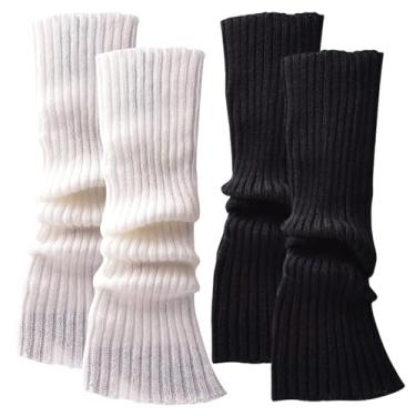 Imagem de Polainas para mulheres, polainas para meninas, 2 pares de polainas brancas e pretas, polainas de malha caneladas, meias longas para mulheres, presente de inverno