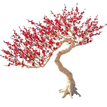 Imagem de OQPJMYZ Flor artificial árvore artificial simulação de árvore artificial vermelho branco madeira maciça inverno ameixa entrada curva S com base de raiz seca decoração