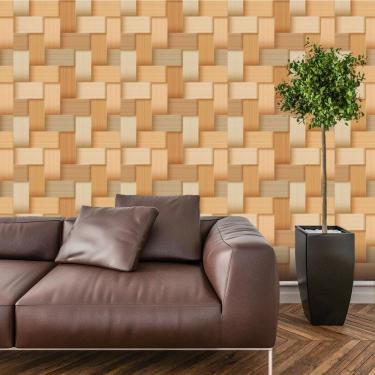 Imagem de Papel De Parede Adesivo Bloco 3d De Madeira Lavável Cozinha  3 metros