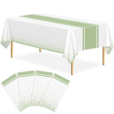 Imagem de LIKAJON Pacote com 4 toalhas de mesa brancas e verde-sálvia, decoração de festa, toalha de mesa de plástico branca impressa, verde sálvia, caminho de mesa, descartável, retangular, 137 x 272 cm, capa