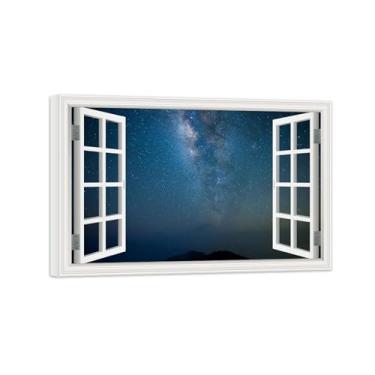Imagem de Vista da Janela Paisagem Pintura em Tela-Céu estrelado azul-Impressão Lona Arte Parede Natural-Decoração Sala Estar 80x120cm Tela Embrulhada