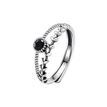 Imagem de Anéis de folha de cristal preto vintage para mulheres, joias de liga de zinco, faixa ajustável, pingentes de declaração, acessórios naturais presentes, Metal, Sem pedra preciosa