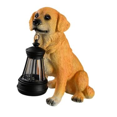 Imagem de IEUDNS Estatueta de cachorro com enfeite de gramado com luz solar, escultura versátil de Golden Retriever, fofa para escadas e decoração de piscina realista