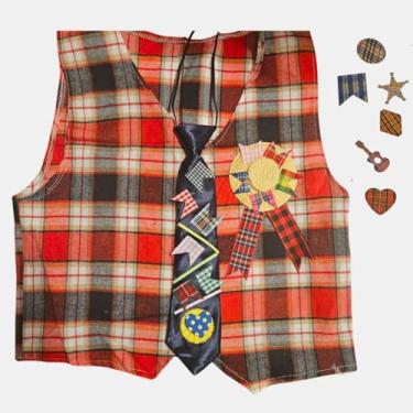 Imagem de Kit Festa Junina Infantil, Colete Xadrez Vermelho com Gravata e Apliques para Calça