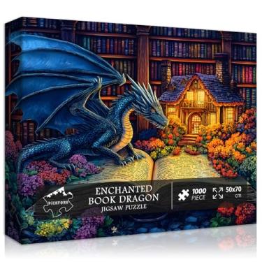Imagem de Dragon Puzzles for Adults 1000 Pieces, Magic Dinosaur Library Book Nature Garden Flower Themed, Fantasy Animal Wildflower Challenge Jigsaw Puzzle