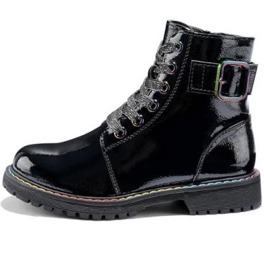 Imagem de Dodow Botas De Cano Curto Para Meninas, Combate Com Glitter, Zíper E Cadarço, Vestido Inverno Crianças Pequenas Grandes, Tamanho 4 Preto