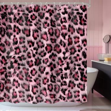 Imagem de LIGHTINHOME Cortina de chuveiro com estampa de leopardo rosa 152 cm L x 182 cm A estampa de pele de safári selvagem poderoso gato de guepardo panthera tecido tecido impermeável poliéster banheiro