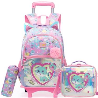 Imagem de Oruiji Mochila com rodas para meninas de 8 a 12 anos, mochila com rodinhas para meninas da escola, Gato azul