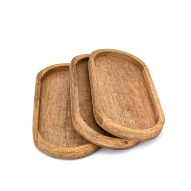 Imagem de Mahasu Platters Conjunto de travessas de madeira natural de madeira de manga com borda oval para suporte de comida/churrasco, servir queijo, sushi (28 x 12,7 x 1,9 cm)