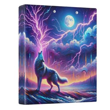 Imagem de Fichário de 3 anéis, lobo uivando, lua, relâmpago, 3,8 cm, fichário redondo com 200 folhas para crianças, material escolar, mulheres e homens, escritório, 1 pacote