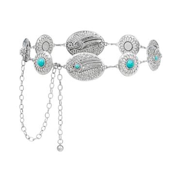 Imagem de Kajeer Cintos de corrente ocidental, cinto concho feminino, turquesa, cowgirl, country, prateado, para vestidos jeans, Prata, 43.5"(23"+extended chain 20.5")