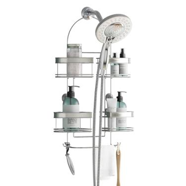 Imagem de Zenna Home Suporte de chuveiro suspenso com 4 cestos expansíveis, suportes de lâmina e ganchos, aço inoxidável – rack de chuveiro resistente à ferrugem, sem perfuração, serve para mangueiras de