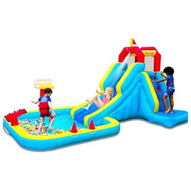 Imagem de Escorregador Bounwell Inflável com Parede de Escalada, Tiro de Água, Cesta de Basquete e Piscina Splash – Diversão Garantida para Crianças