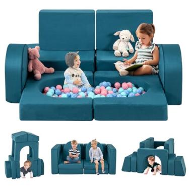 Imagem de INFANS Sofá modular para crianças, 8 peças, criativo, secional, forte para sala de jogos, quarto, crianças, conversível, versátil, macio, conjunto de brinquedos para móveis de espuma macia (azul)