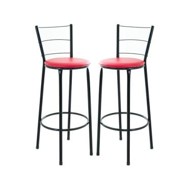 Imagem de Kit 2 Banquetas Altas 3 Arames, 70 cm, para Cozinha e Balcão, Acabamento Preto, Assento em Junco (VERMELHO)