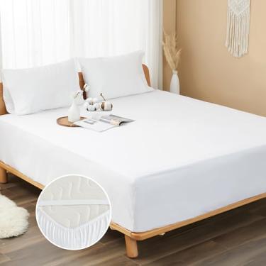 Imagem de HOMTEC Lençol solteiro 100% algodão percal, tamanho GG, bolso profundo de 20 a 38 cm, respirável, macio e nítido, apenas com 4 alças nos cantos (solteiro GG, branco)