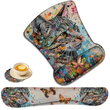 Imagem de Descanso de pulso para teclado e mouse pad suporte de pulso com conjunto de porta-copos em forma de renda, espuma viscoelástica de gel ergonômico e base antiderrapante, digitação fácil e alívio da dor