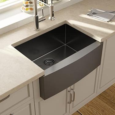 Imagem de Avental Lordear 71 x 53 cm frontal para pia de cozinha Gunmetal preto fosco calibre 16 bacia única profunda de aço inoxidável
