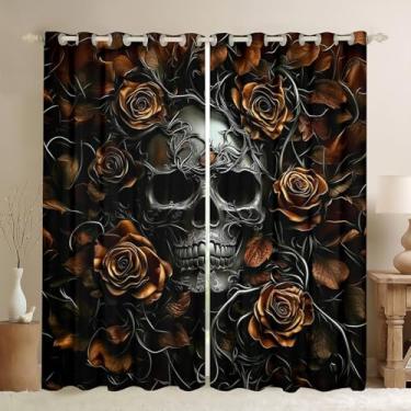 Imagem de Erosebridal Cortinas de caveira de açúcar 132 x 213 cm, cortinas de janela florais rosa laranja para crianças, meninos, meninas, adolescentes, adultos, cortinas blackout de esqueleto gótico, cortinas