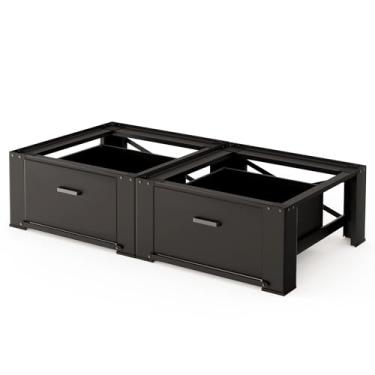 Imagem de Pacote com 2 pedestais de lavadora e secadora com gaveta – Pedestal de roupa de 71 cm para suporte de lavadora e secadora, elevação de aço para máquina de lavar, elevação de 35,5 cm de altura, preto