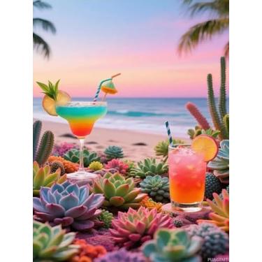 Imagem de Pintura de diamante 5D planta arte de parede criação de sala de estar decoração de parede design de padrão artístico kit completo de ferramentas incluído coquetéis coloridos na praia tropical 30 x 40