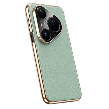 Imagem de HAOMRIYL Capa de couro genuíno para Huawei Pura 80 Ultra/80 Pro +/80 Pro/80, capa magnética de proteção para câmera fina galvanizada à prova de choque, verde, 80 Ultra