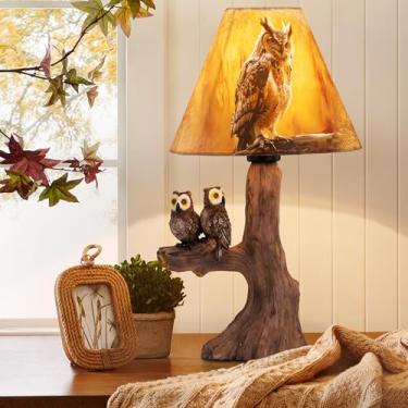 Imagem de TOCHIC Abajur de mesa de fazenda para quarto, candeeiro de mesa de cabeceira de coruja marrom lâmpada vintage regulável com abajur de pergaminho persianas 41,4 cm A luzes de mesa de madeira sintética