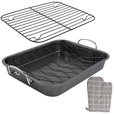 Imagem de Kitcom Assadeira antiaderente com rack, conjunto retangular de 40 cm x 29 cm para assar peru, frango, carne e vegetais, cinza