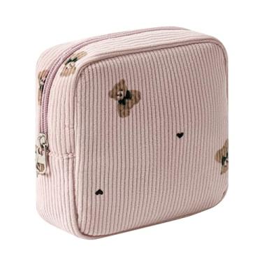Imagem de RSRSLEII Linda bolsa de maquiagem de veludo cotelê com zíper para bolsa, bolsa estética Coquette com estampa de urso para mulheres e meninas, bolsa de batom com bolso para chave, porta-cartões