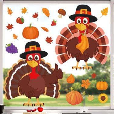 Imagem de 23 peças adesivos de janela de Ação de Graças adesivos de janela extra grande de peru folhas de outono de bordo decalque de janela de vidro de abóbora para decoração de sala de aula, dia de Ação de