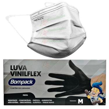 Imagem de Mascara Tripla Camada Descartável Branca+ Luva Vinil Preta M - DAIFPRO