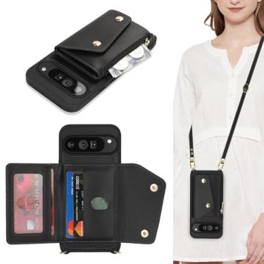 Imagem de Lipvina Capa para Google Pixel 9 Pro XL com suporte para cartão e alça - bolso com zíper, alça transversal, suporte para cartão de crédito, linda capa carteira de telefone para mulheres (preto)