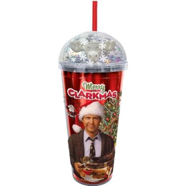 Imagem de Spoontiques Copo de acrílico Merry Clarkmas Dome Top, 567 g - topo de cúpula cheio de glitter com estatueta fechada e canudo reutilizável coordenado - copo de viagem com isolamento de parede dupla de