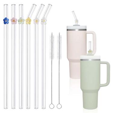 Imagem de 6 canudos de vidro com 2 escovas de limpeza para copo Stanley de 1,134 g 850 g, canudos de vidro de flores fofos com pingentes, substituição de canudo Stanley, acessórios para copos Stanley