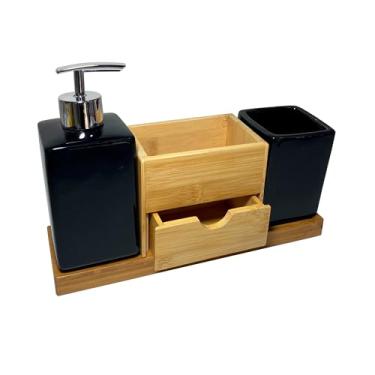 Imagem de Jogo Banheiro Lavabo Bandeja Organizadora Saboneteira Porta Escova 3 Peças Porcelana Bambu Com Gavetinha Preto