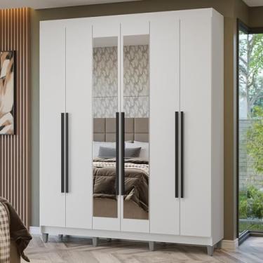 Imagem de Guarda-roupa Casal com Pés 6 Portas Batentes com Espelho Branco/branco/preto Netuno Madesa