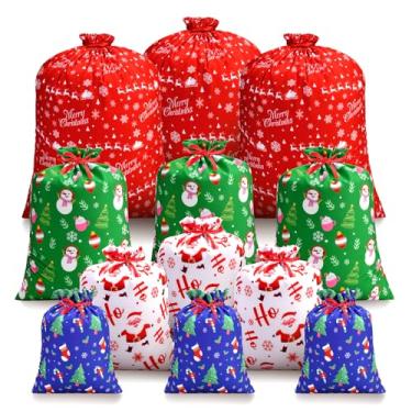 Imagem de ARGCONNER 12 peças de sacos de presente de Natal com cordão, sacos de embrulho de tecido reutilizável sortidos em 4 tamanhos e designs para presentes de festa de Natal, lembrancinhas de feriado
