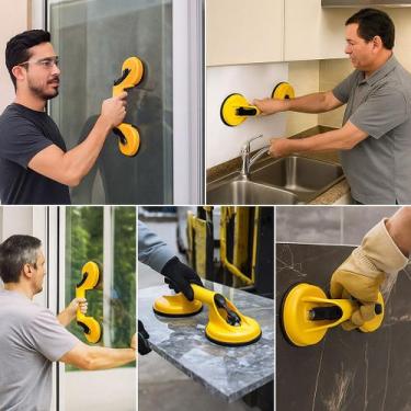 Imagem de Ventosa Dupla Amarela Vidro Suporte Fixação Pesada Retira Vidro Recolo