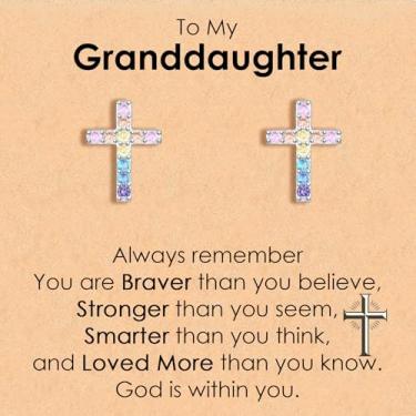 Imagem de CERSLIMO Brincos de cruz para neta, confirmação cristã, comunhão, batismo, religioso, Natal, aniversário, presentes inspiradores para meninas, crianças, adolescentes e adolescentes