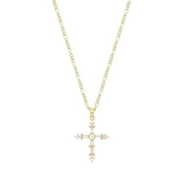 Imagem de HJIMMNHONG Colar feminino Fígaro retrô francês de aço inoxidável, banhado a ouro 18K, pingente de cruz de zircão embutido em cobre, colar elegante, ouro/prata, 40 + 5 cm, Metal, Zircão