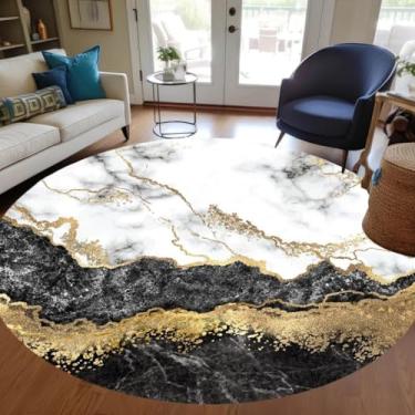 Imagem de Tapete redondo abstrato de mármore preto cinza dourado para sala de estar, quarto, sala de jantar, estética moderna, circular, escritório, dormitório, sala de reuniões, tapetes lavável, antiderrapante