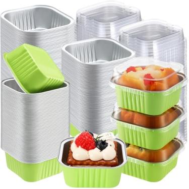 Imagem de Gandeer Pacote com 200 copos quadrados de 142 g com tampas, mini formas de bolo de folha de alumínio, latas de ramequins descartáveis, recipientes de sobremesa, formas de cupcake para suflê, casamento
