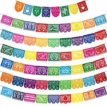 Imagem de Pacote com 7 bandeiras de papel picado festa mexicana cinco de maio tema decorações de festa dia dos mortos guirlanda de feltro dia de Los Muertos decoração para suprimentos de festa de aniversário mexicana, total de 20,8 m